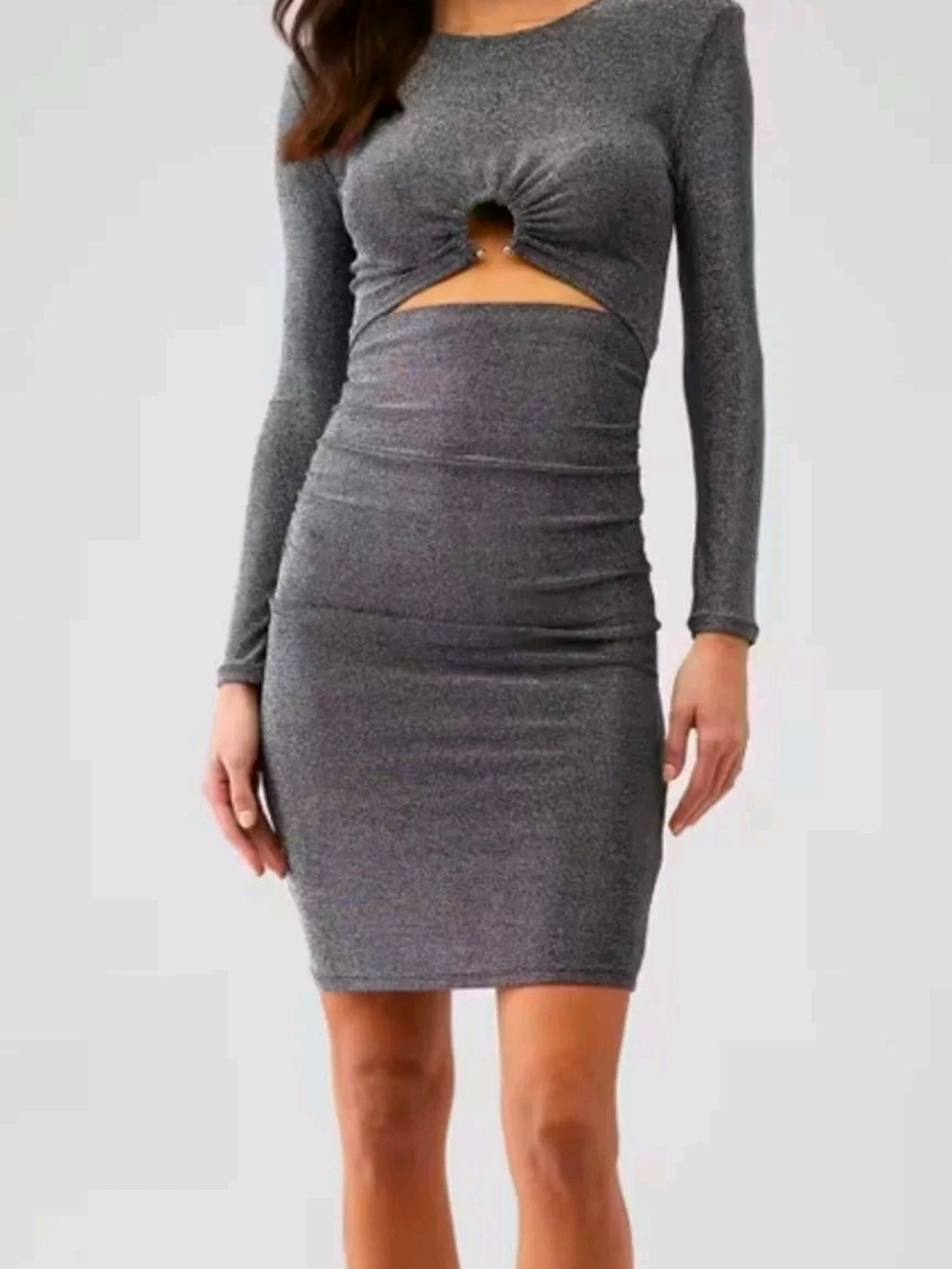 Steve Madden 'Kim'  Metallic Grey Long Sleeve Mini Dress with Front Cutout